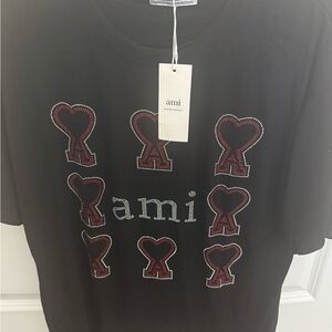 Ami Black Short Sleeve Tee with Red Heart-Ami Stud Motifs. Short Set.